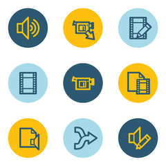Audio video edit web icons, blue and yellow circle buttons