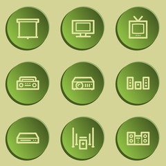 Audio video web icons, green paper stickers set