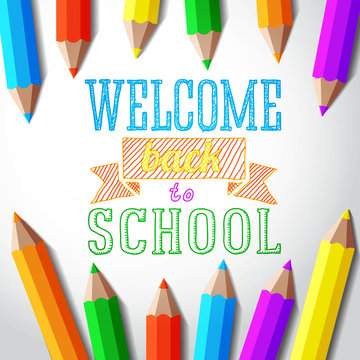 Welcome back to school hand-drawn greeting with color pencils.