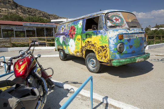hippie bus symbol of Matala city on Crete