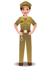 An Indian Police woman in uniform standing with hands on hips