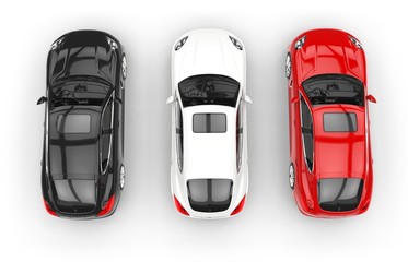 Three modern fast cars in a row, top angle view
