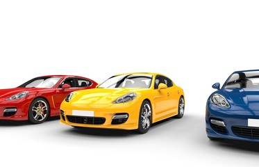 Modern fast cars - focused on yellow car