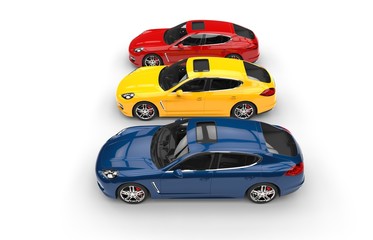 Set of modern, bright colored fast cars