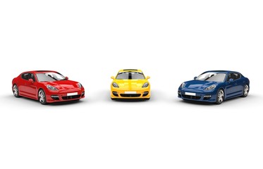 Fototapeta na wymiar Set of modern, bright colored fast cars, facing each other