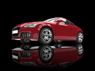 Obraz na płótnie Canvas Fast car,dark red, on black reflective background
