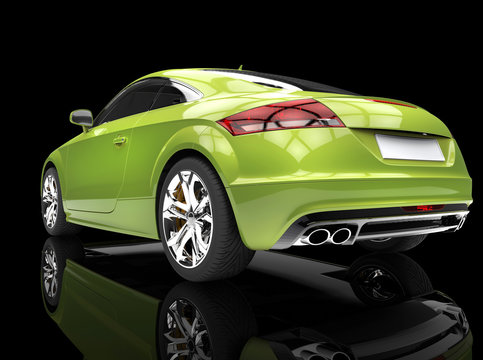 Fast car, bright green, on black reflective background