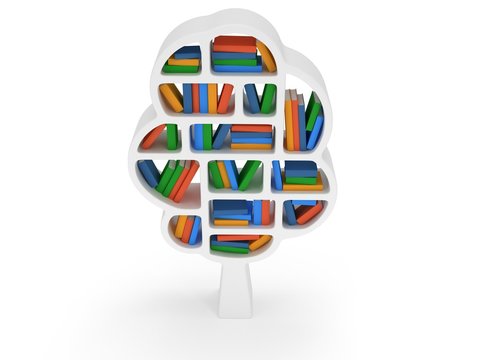 3d Tree of knowledge. Bookshelf on white.