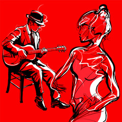 Obraz premium Gypsy guitar jazz player and woman dancing