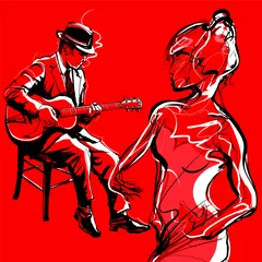 Papier Peint photo autocollant Art Studio Joueur de jazz de guitare manouche et femme qui danse