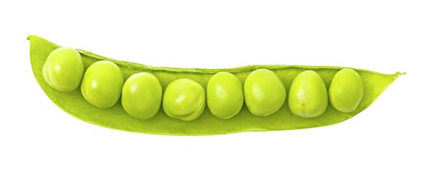 Open pea pod isolated on white background