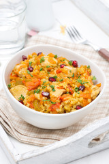rice with vegetables, chicken and pomegranate, vertical
