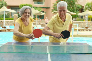 Elderly couple playing ping pong