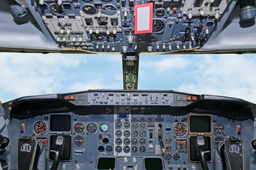 Aircraft dashboard. View inside the pilot's cabin.