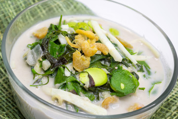 Coconut milk soup with gnetum gnemon and bamboo shoots,tropical 