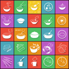 Flat fast food packaging cooking process icons set