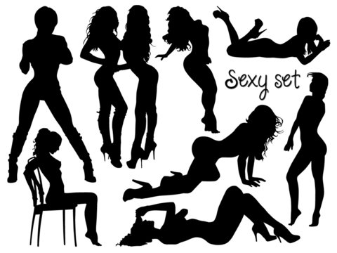 Sexy black-white girls silhouettes set