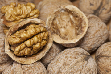 Heap of walnuts on table