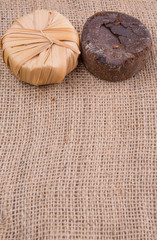 Palm sap sugar on a gunny sack cloth 