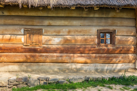 wooden windows on a  blockhouse