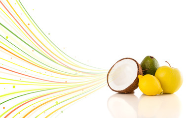 Healthy tropical fruits with colorful abstract lines