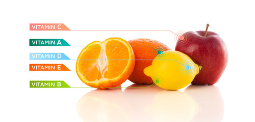 Fototapeta na wymiar Healthy fruits with colorful vitamin symbols and icons