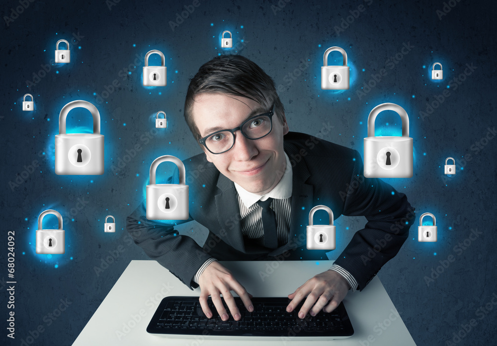 Poster young hacker with virtual lock symbols and icons