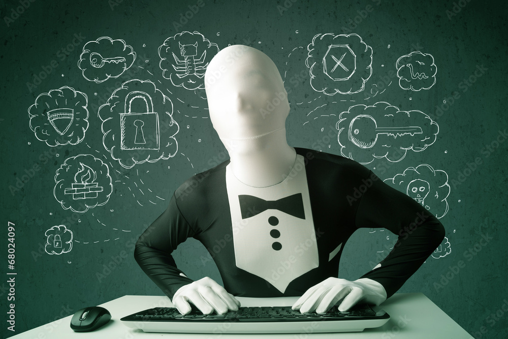 Poster hacker in mask morphsuit with virus and hacking thoughts