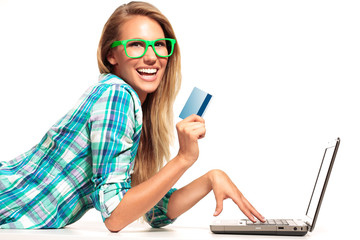 Young Woman Sitting at the desk  shopping Online