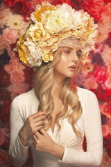 Blond lady wearing colorful wreath
