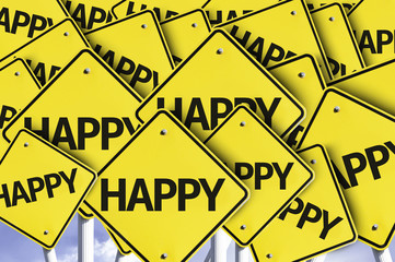 Happy written on multiple road sign