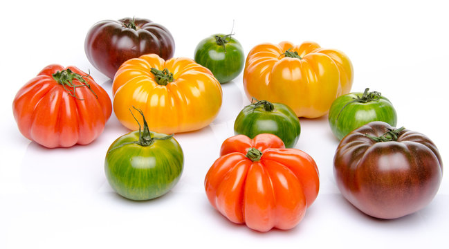 Green, yellow, orange and purple tomatoes