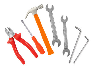 Hammer, screwdriver and wrenches isolated on white