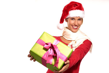 Christmas Santa hat  woman portrait hold christmas gift