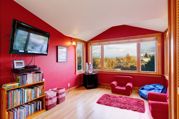 Bright red room with tv