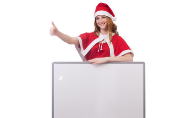 Young woman in red santa costume with blank board