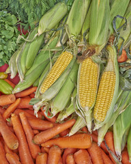 organic corn cobs and carrots at the local market