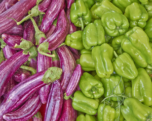 organic bell peppers and eggplants, natural background