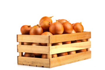 onion in wooden box isolated on white background
