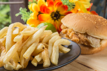 Potato and hamburger on table