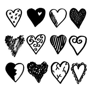 Set of doodle hearts, black isolated sketches, vector