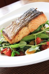 pan seared salmon steak with bean salad meal