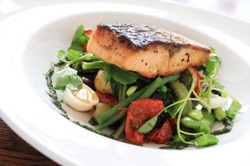 pan seared salmon steak with bean salad meal