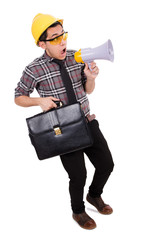 Construction supervisor shouting at megaphone