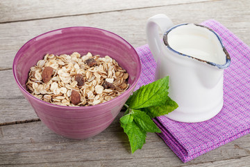 Healty breakfast with muesli and milk