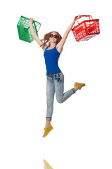 Woman after shopping in the supermarket isolated on white