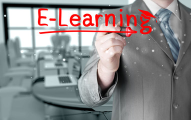 business man writing e-learning concept