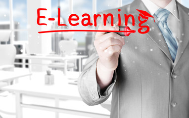 business man writing e-learning concept