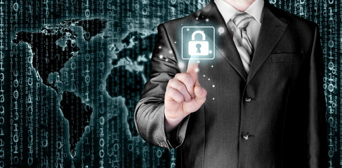 Businessman touch lock on world map  background