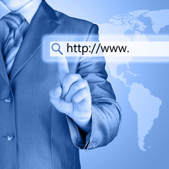 Businessman pushing virtual search bar